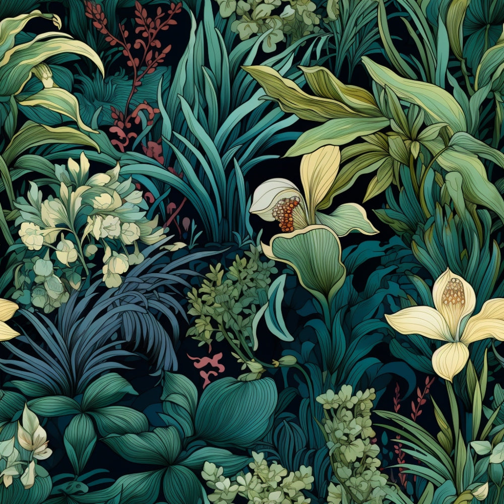 Illustration of lush, overlapping jungle foliage with various green leaves, white flowers, and subtle red accents against a dark background.
