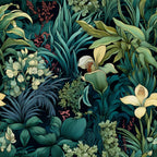 Illustration of lush, overlapping jungle foliage with various green leaves, white flowers, and subtle red accents against a dark background.