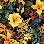 A vibrant pattern featuring yellow hibiscus flowers, orange lilies, and various green leaves on a dark background.