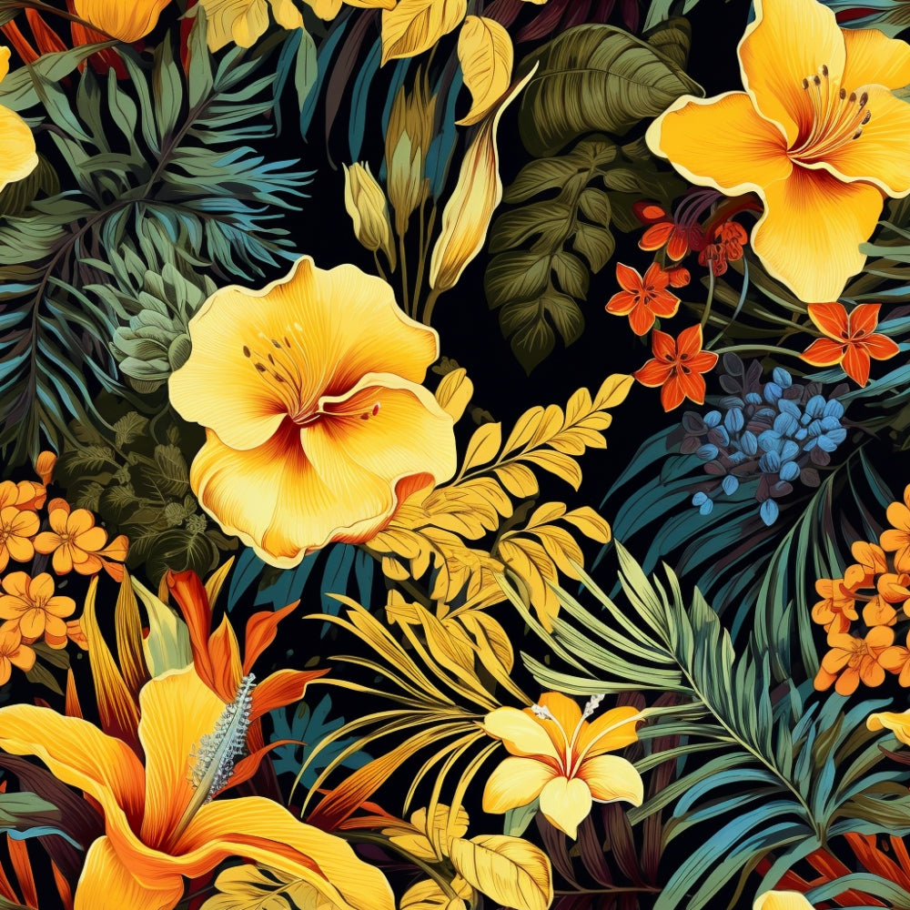 A vibrant pattern featuring yellow hibiscus flowers, orange lilies, and various green leaves on a dark background.