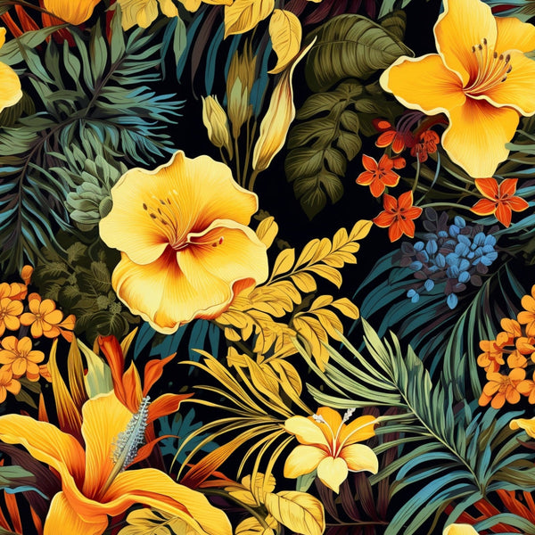 A vibrant pattern featuring yellow hibiscus flowers, orange lilies, and various green leaves on a dark background.
