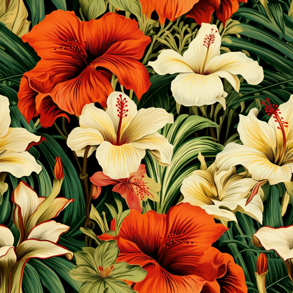 A vibrant pattern of red and cream hibiscus flowers with lush green leaves.