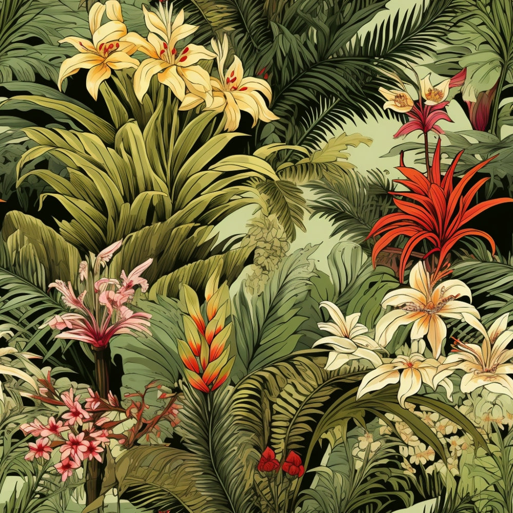 A lush jungle illustration featuring various tropical plants and flowers, including lilies and ferns, with vibrant shades of green, yellow, and red.