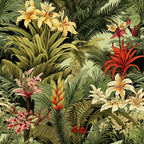 A lush jungle illustration featuring various tropical plants and flowers, including lilies and ferns, with vibrant shades of green, yellow, and red.