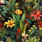 Illustrated dense foliage with various tropical plants and flowers, including lilies and broad leaves, set against a dark background.