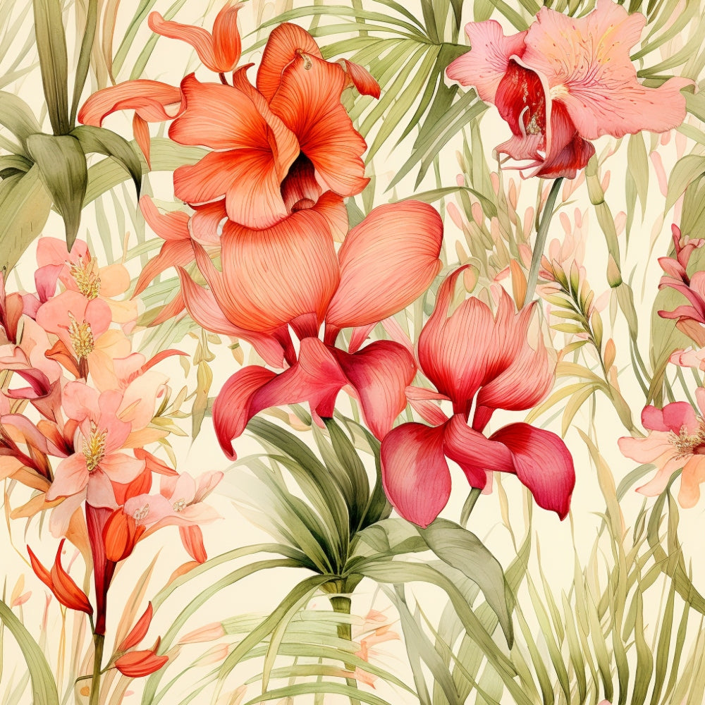A vibrant illustration of various tropical flowers and leaves, featuring shades of red, pink, and green, arranged on a light background.