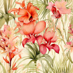 A vibrant illustration of various tropical flowers and leaves, featuring shades of red, pink, and green, arranged on a light background.
