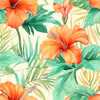 Illustration of large orange hibiscus flowers and green tropical leaves on a light background.