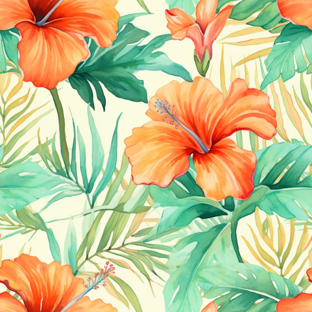 Illustration of large orange hibiscus flowers and green tropical leaves on a light background.