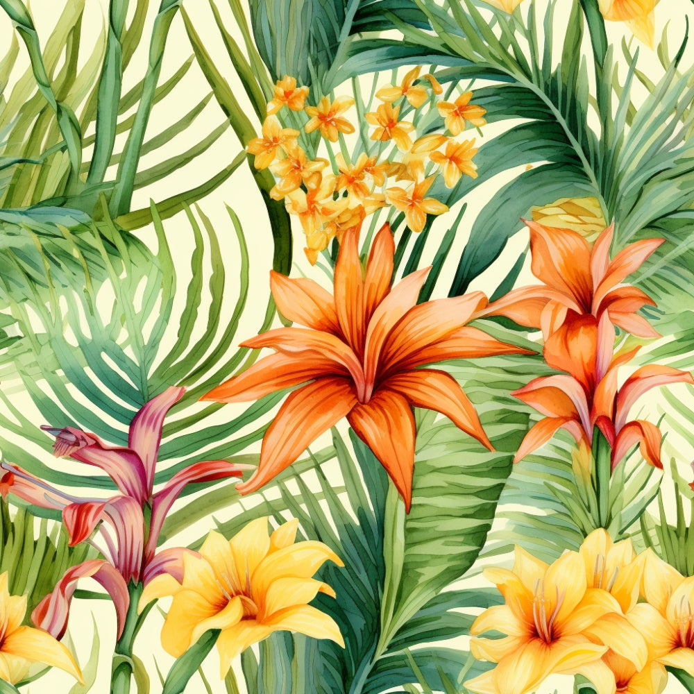 Tropical floral pattern featuring orange lilies, yellow flowers, and lush green leaves on a light background.
