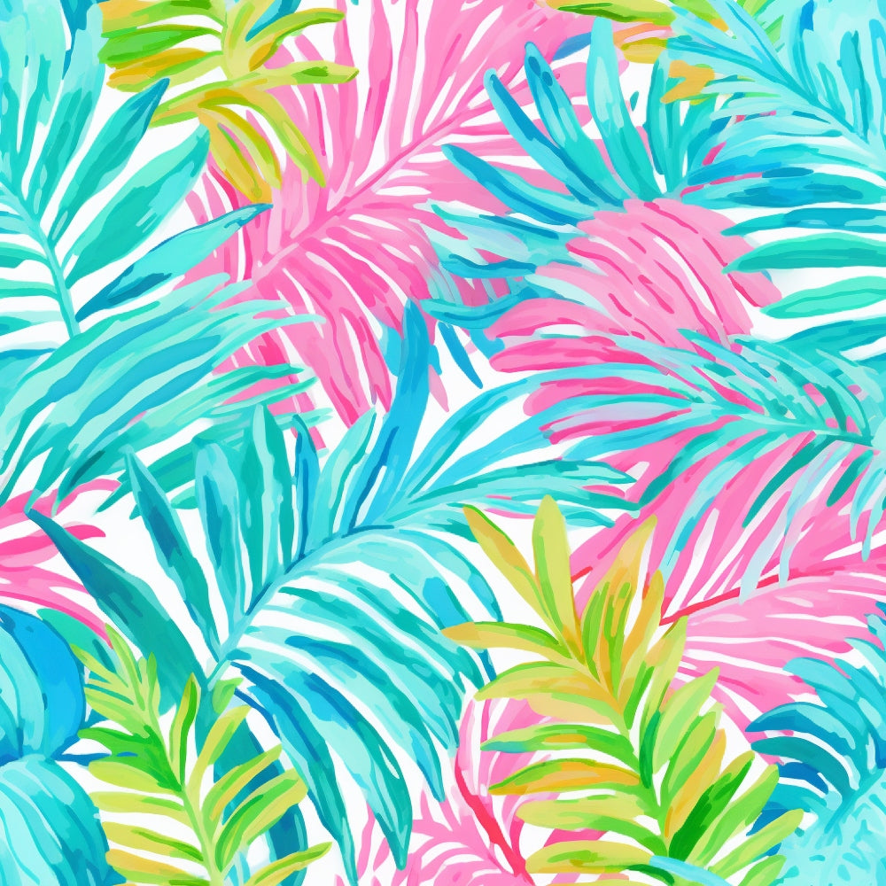 Colorful tropical leaves in shades of pink, blue, green, and yellow overlapping on a white background.