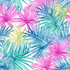 Colorful pattern with overlapping pink, blue, and green tropical leaves and flowers.
