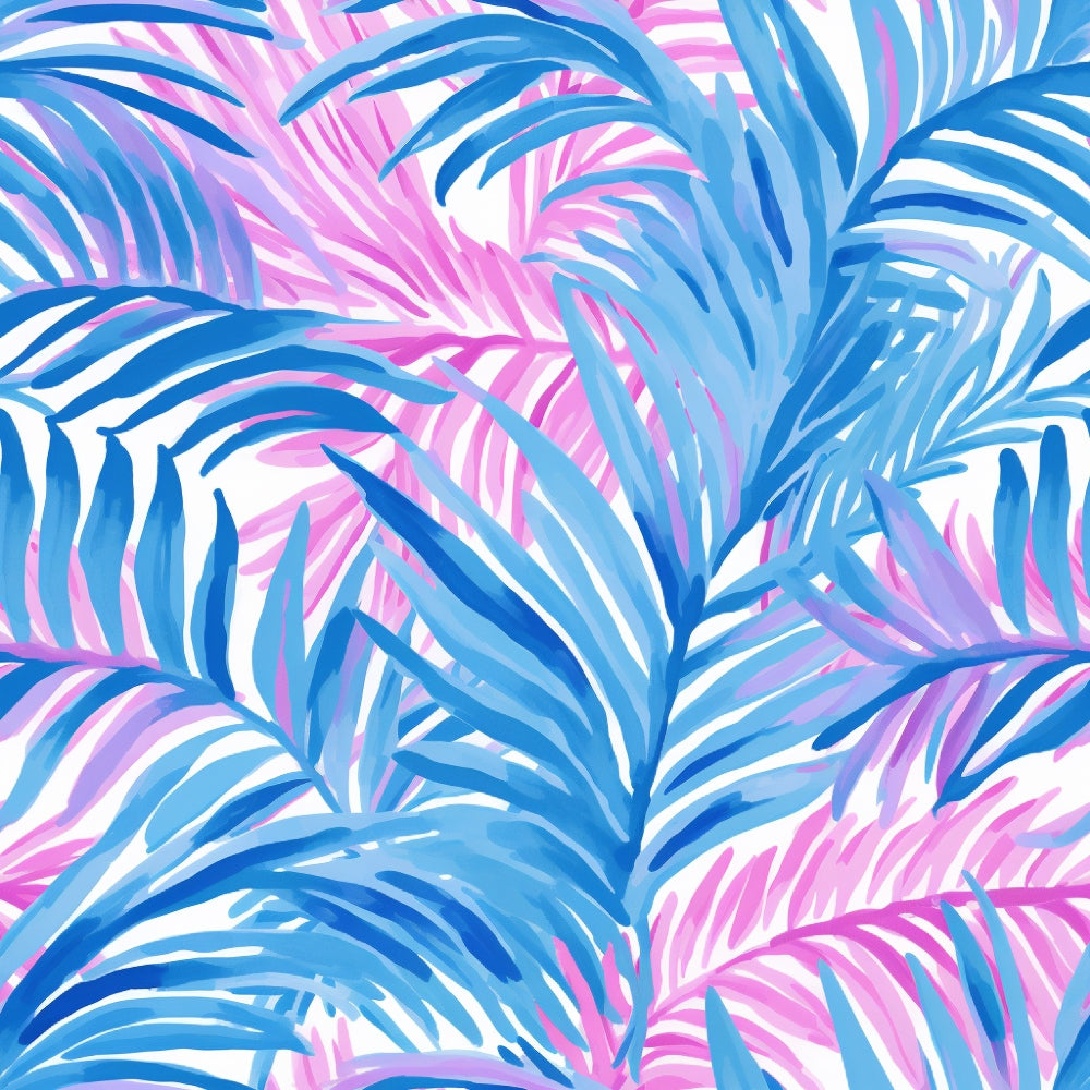 Colorful palm leaf pattern with blue and pink leaves on a white background.