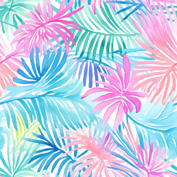 Colorful watercolor painting of palm leaves in pink, blue, and green hues, overlapping in a vibrant tropical pattern.