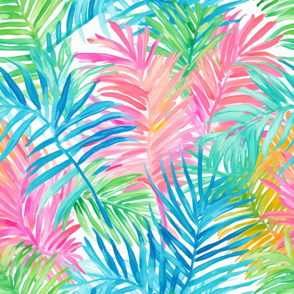 Colorful tropical leaves pattern with overlapping pink, blue, green, and yellow foliage on a white background.