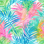 Colorful tropical leaves pattern with overlapping pink, blue, green, and yellow foliage on a white background.
