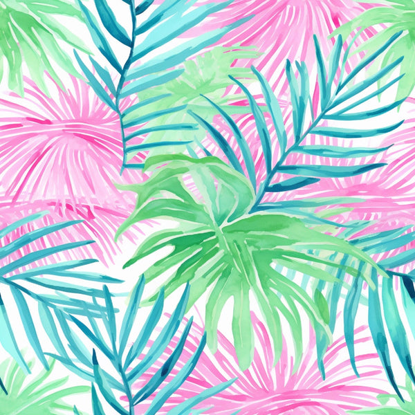 Abstract pattern of overlapping green, blue, and pink tropical leaves on a light background.