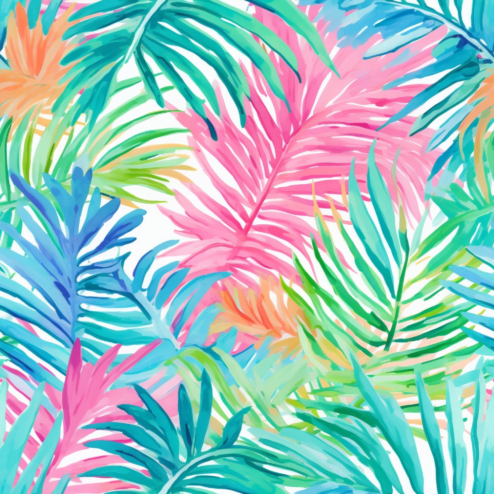 Colorful tropical leaves in pink, green, blue, and orange are painted in a layered pattern over a white background.