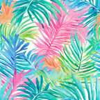 Colorful tropical leaves in pink, green, blue, and orange are painted in a layered pattern over a white background.