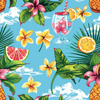 Tropical pattern with flowers, leaves, fruits, and a drink against a blue background.