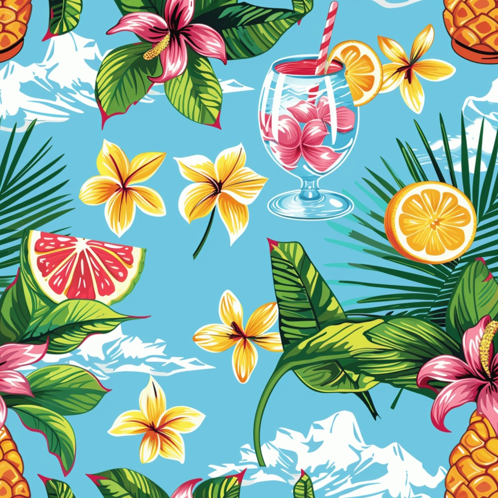 Tropical pattern with flowers, leaves, fruits, and a drink against a blue background.