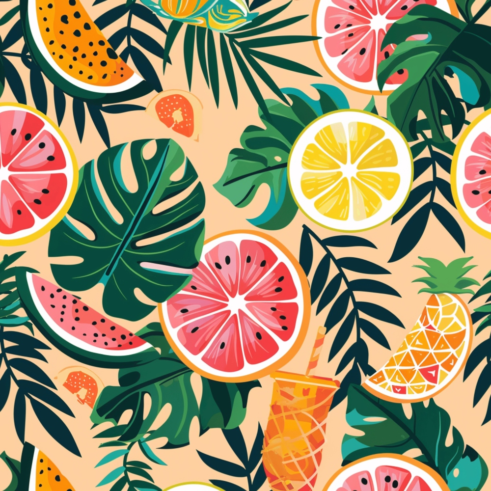 A colorful tropical pattern featuring illustrated watermelon, pineapple, lemon, and various green leaves on a beige background.