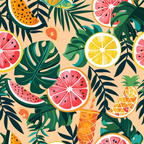 A colorful tropical pattern featuring illustrated watermelon, pineapple, lemon, and various green leaves on a beige background.