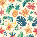 Pattern of tropical leaves, flowers, and pineapples in various colors on a light background.