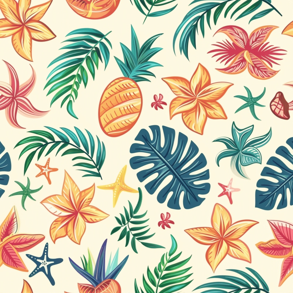 Pattern of tropical leaves, flowers, and pineapples in various colors on a light background.