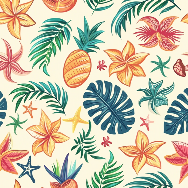 Pattern of tropical leaves, flowers, and pineapples in various colors on a light background.