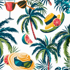 Tropical pattern with palm trees, sunglasses, straw hats, a wine glass, and watermelon slices on a white background.