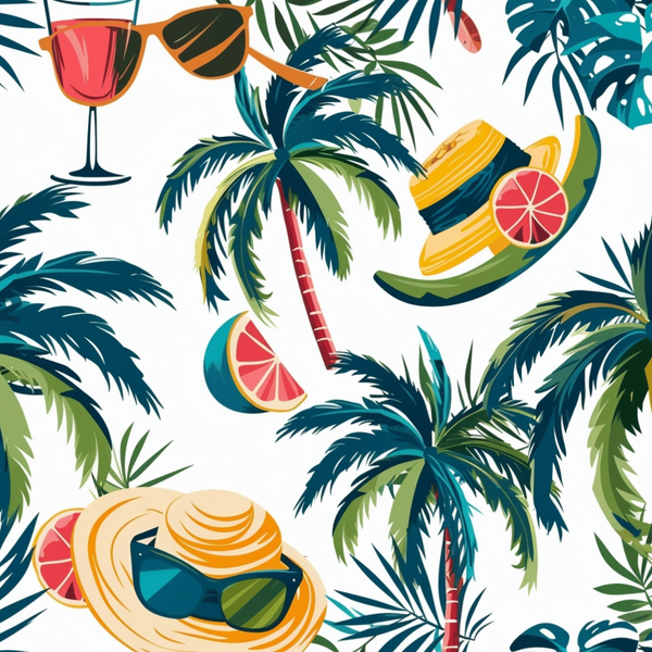 Tropical pattern with palm trees, sunglasses, straw hats, a wine glass, and watermelon slices on a white background.
