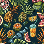 Illustrated tropical fruits and beverages including pineapples, oranges, citrus slices, and a drink with a straw on a dark background with green leaves.