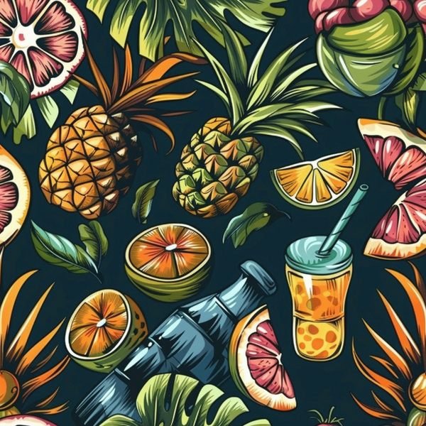 Illustrated tropical fruits and beverages including pineapples, oranges, citrus slices, and a drink with a straw on a dark background with green leaves.