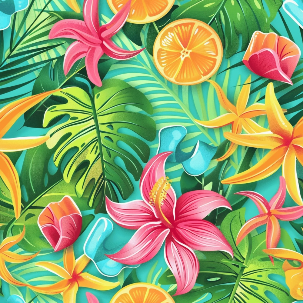 Tropical pattern featuring pink and yellow flowers, green leaves, orange slices, and abstract shapes on a turquoise background.