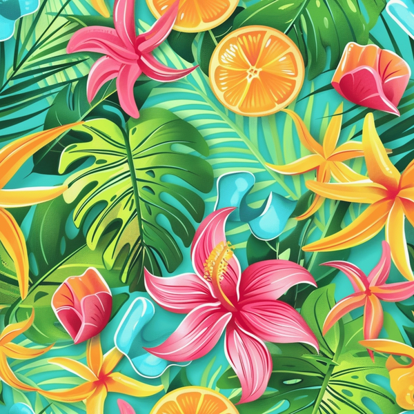 Tropical pattern featuring pink and yellow flowers, green leaves, orange slices, and abstract shapes on a turquoise background.