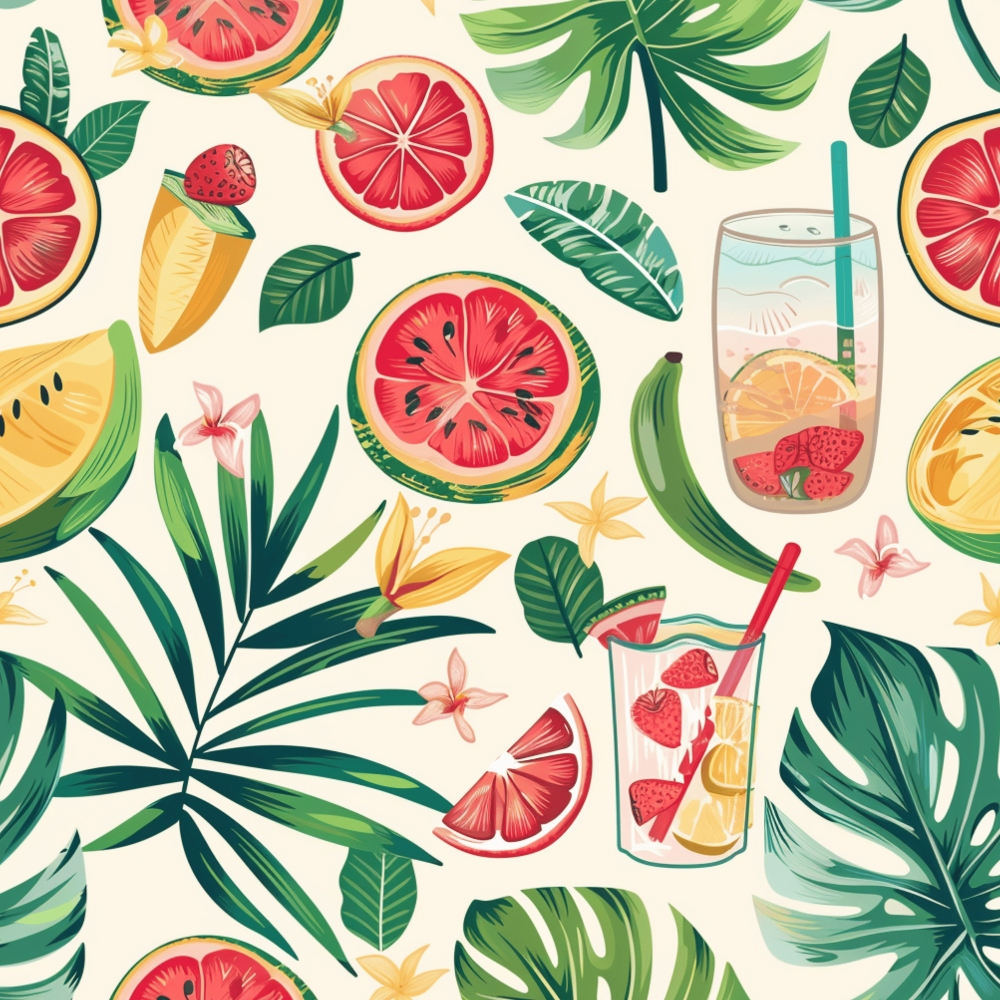 Illustration of tropical fruits and leaves, including slices of watermelon, grapefruit, and glasses of fruit drinks, with various green leaves and flowers scattered throughout.