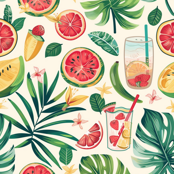 Illustration of tropical fruits and leaves, including slices of watermelon, grapefruit, and glasses of fruit drinks, with various green leaves and flowers scattered throughout.