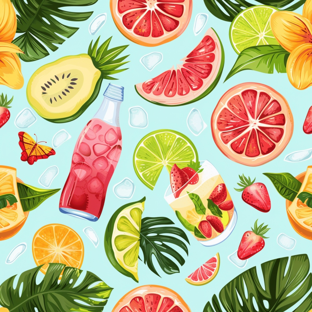 Fruits and drinks on a tropical-themed background, featuring grapefruit, kiwi, lime, strawberries, a bottle, a glass, ice cubes, and leaves.