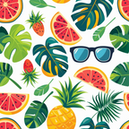Pattern with tropical leaves, watermelon slices, strawberries, a pineapple, and sunglasses on a white background.