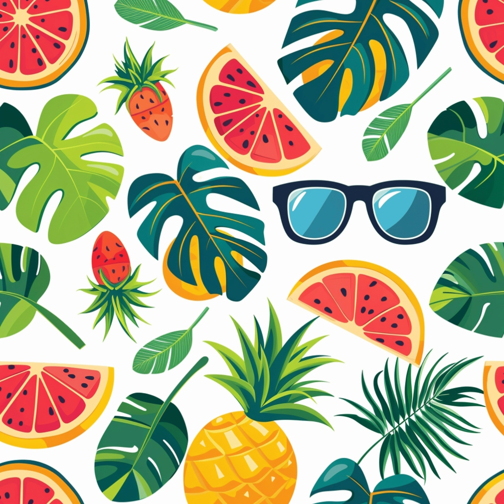 Pattern with tropical leaves, watermelon slices, strawberries, a pineapple, and sunglasses on a white background.