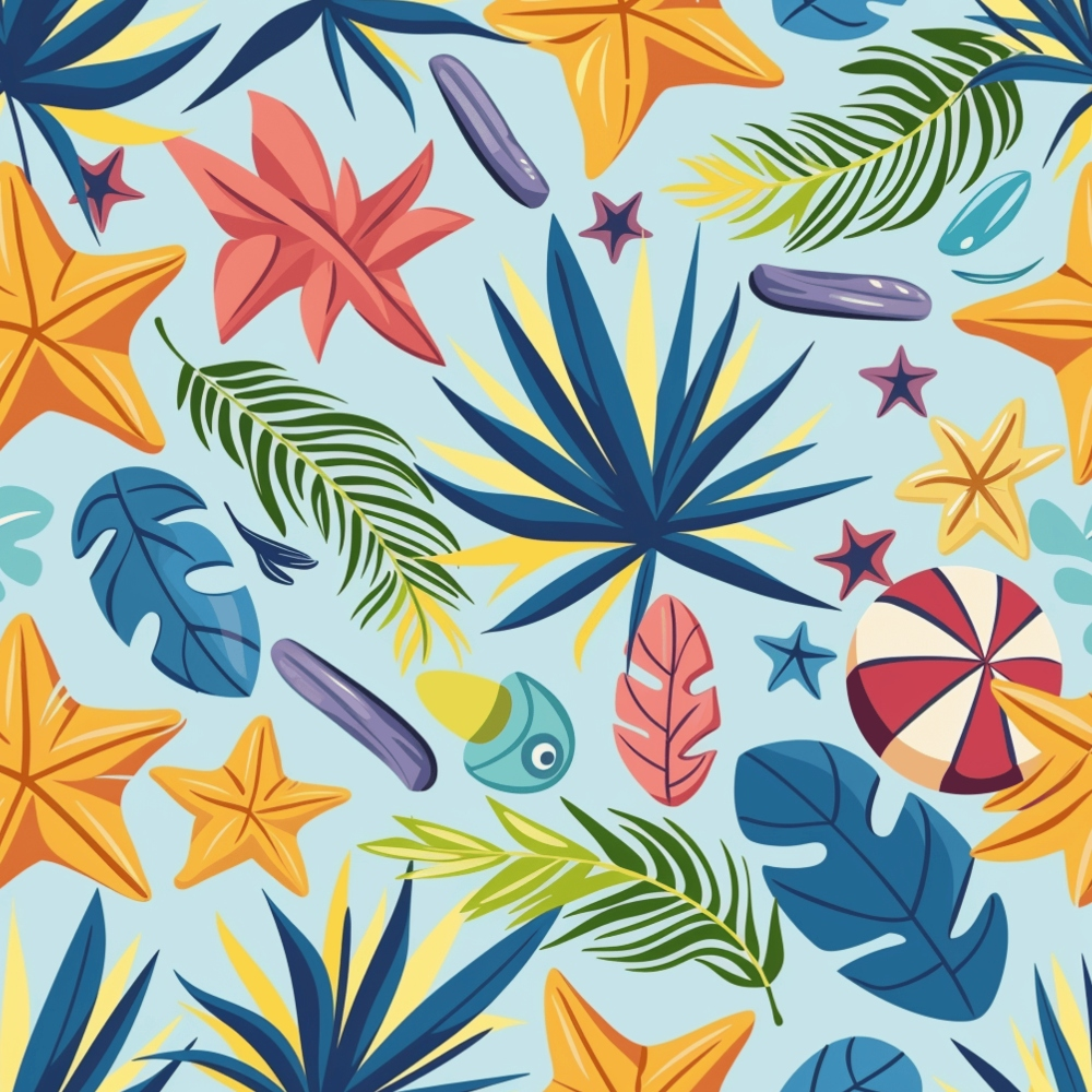 Colorful tropical pattern with starfish, palm leaves, beach balls, and abstract shapes on a light blue background.