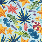 Colorful tropical pattern with starfish, palm leaves, beach balls, and abstract shapes on a light blue background.