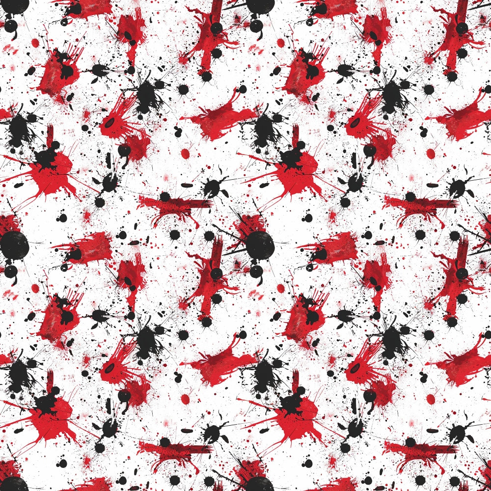 Abstract pattern with red and black paint splatters on a white background, forming a chaotic and dynamic design.
