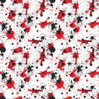 Abstract pattern with red and black paint splatters on a white background, forming a chaotic and dynamic design.