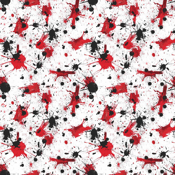 Abstract pattern with red and black paint splatters on a white background, forming a chaotic and dynamic design.