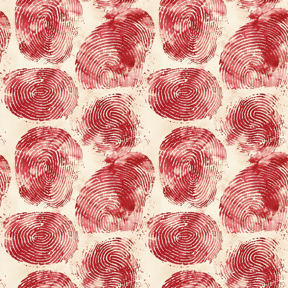 Red fingerprint pattern on a beige background, repeating in a grid formation.