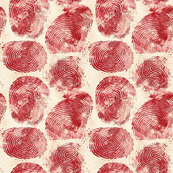 Red fingerprint pattern on a beige background, repeating in a grid formation.