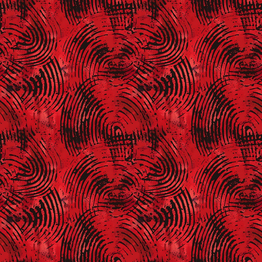 Red and black abstract pattern with swirling circular lines resembling fingerprints.