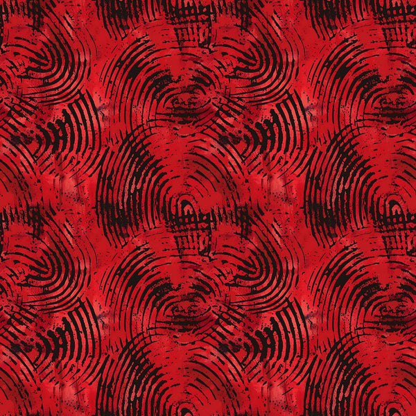 Red and black abstract pattern with swirling circular lines resembling fingerprints.